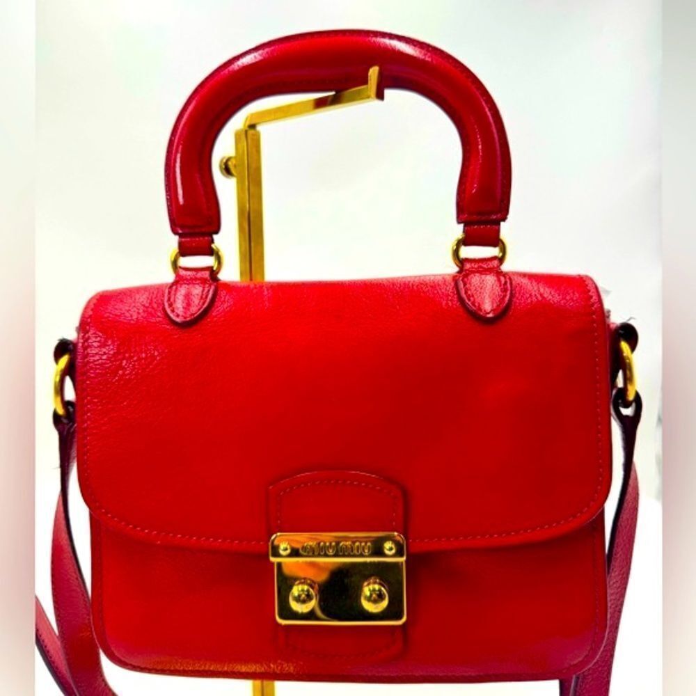 Auth Miu Miu Top Handle Red Leather 2way Crossbody Madras Handbag Preloved Purse